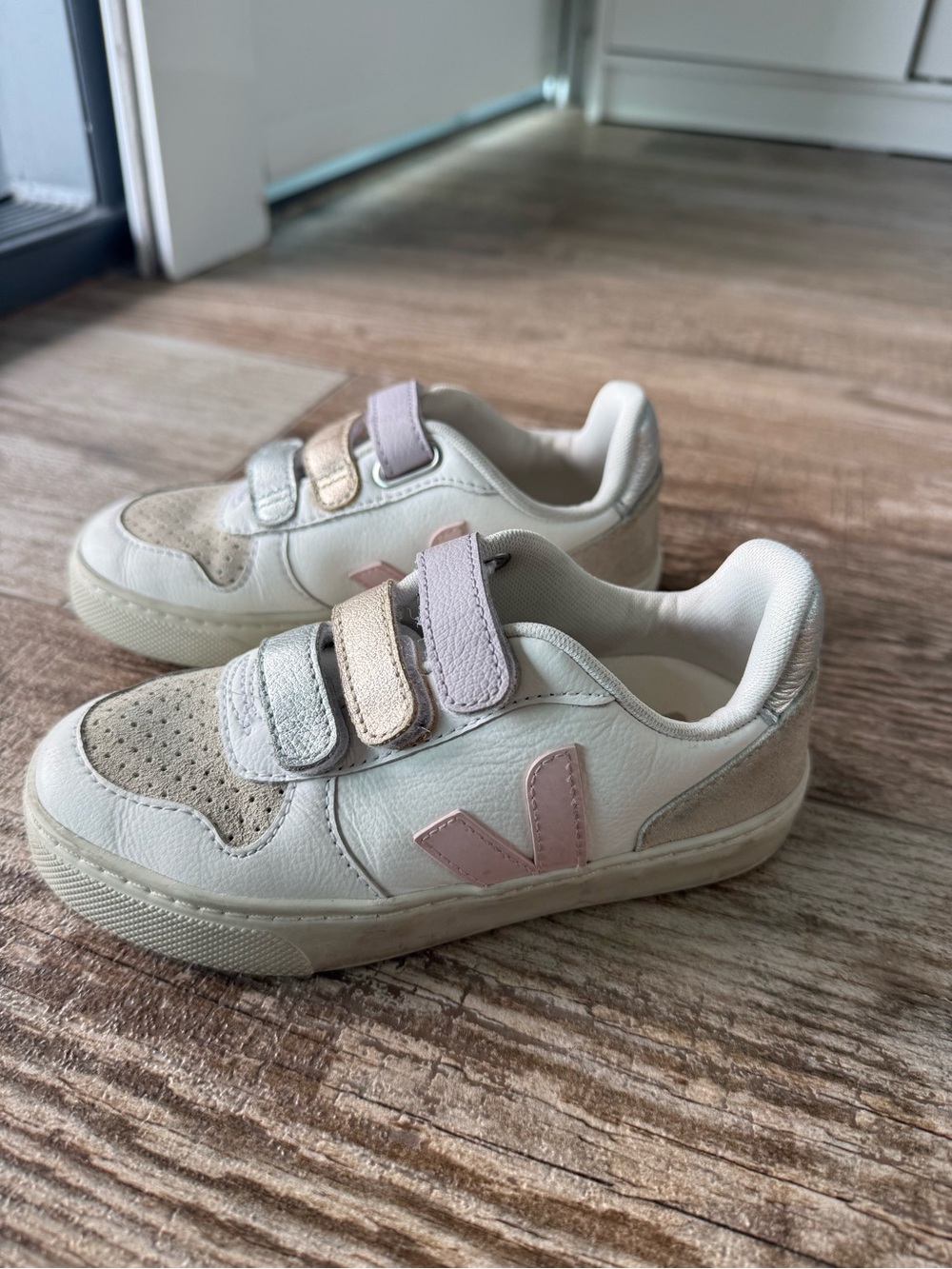 Veja Kids White Sneakers with Pink and Lavender Accents